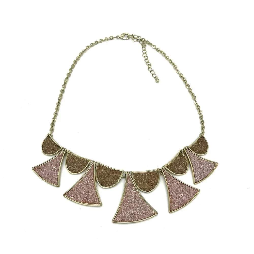 Statement Geometric Fan Necklace Gold Pink Brown Glitter Art Deco Style  Jewelry